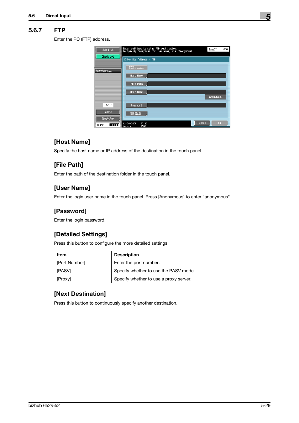 7 ftp, Host name, File path | User name, Password, Detailed settings, Next destination, Ftp] (p. 5-29) | Konica Minolta bizhub 552 User Manual | Page 83 / 310