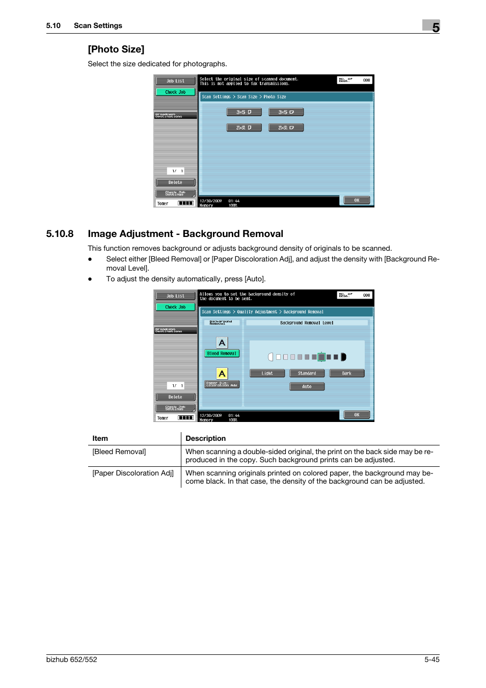 Photo size, 8 image adjustment - background removal, Photo size] -45 | Image adjustment - background removal -45, Round removal] (p. 5-45) | Konica Minolta bizhub 552 User Manual | Page 99 / 310