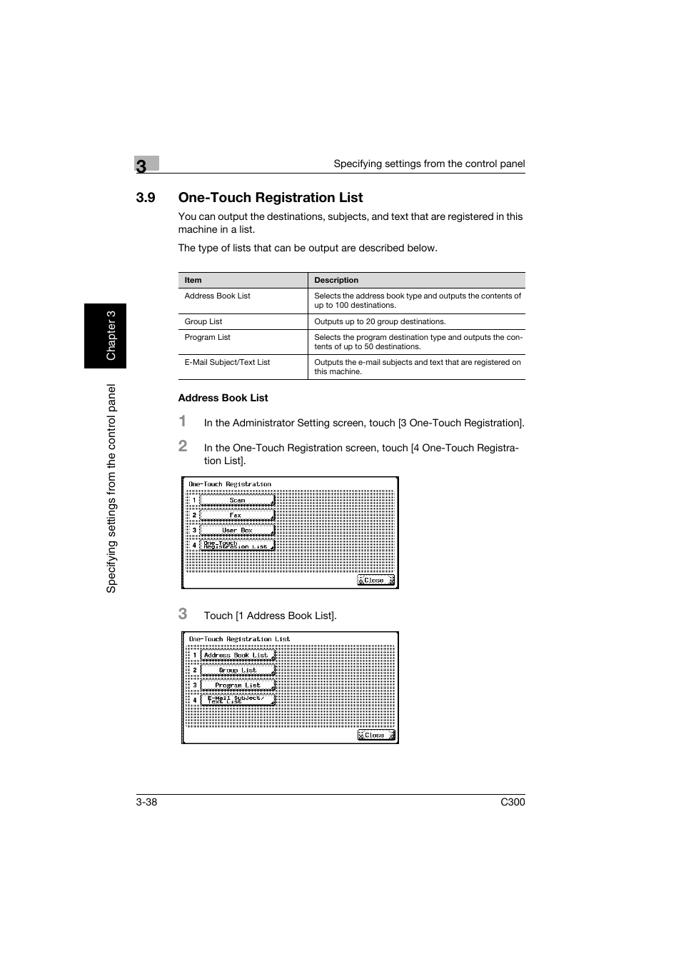 9 one-touch registration list, Address book list, One-touch registration list -38 | Address book list -38 | Konica Minolta bizhub C300 User Manual | Page 149 / 392