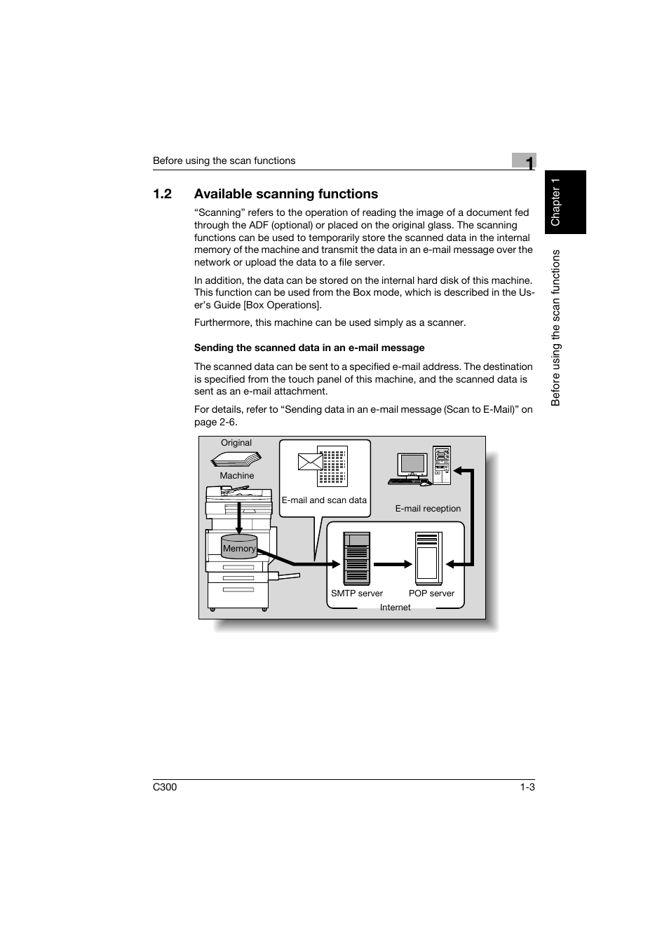 2 available scanning functions, Sending the scanned data in an e-mail message, Available scanning functions -3 | Sending the scanned data in an e-mail message -3 | Konica Minolta bizhub C300 User Manual | Page 22 / 392