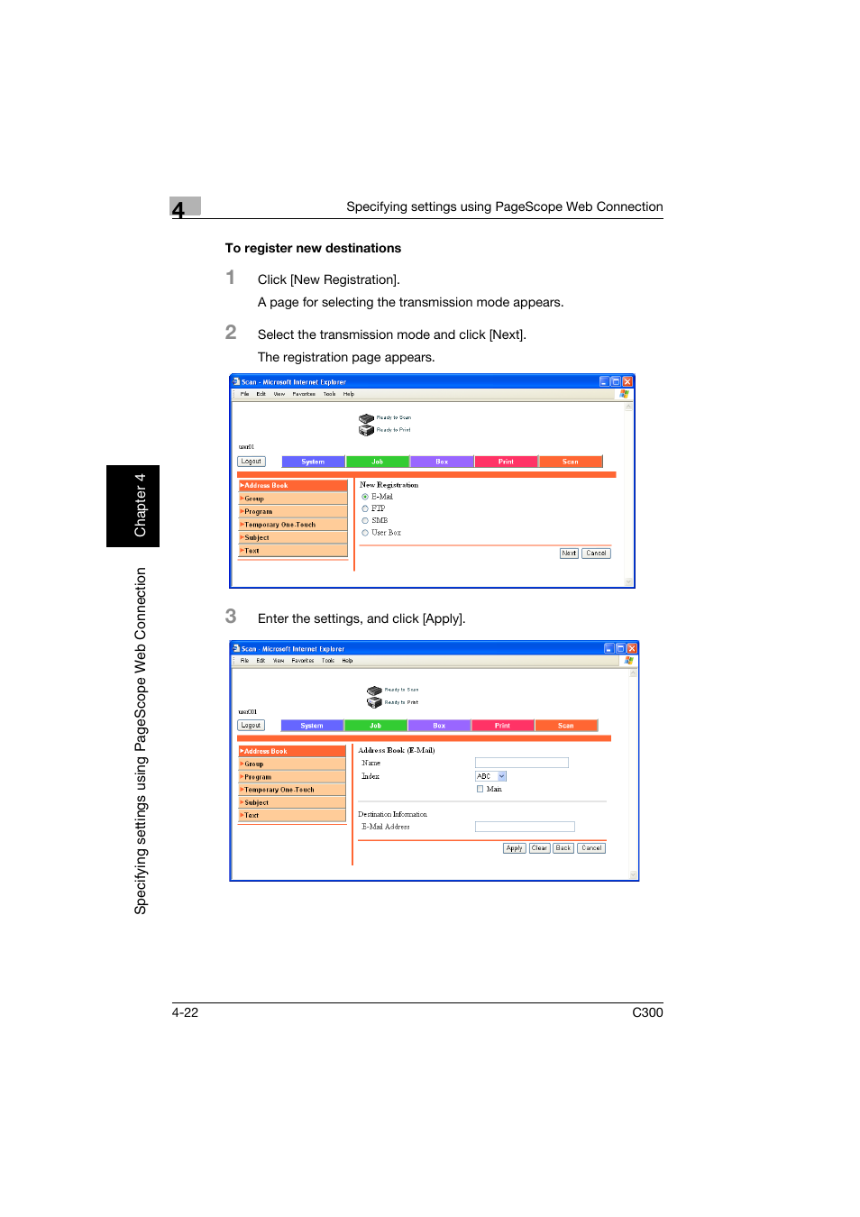 To register new destinations, To register new destinations -22 | Konica Minolta bizhub C300 User Manual | Page 279 / 392