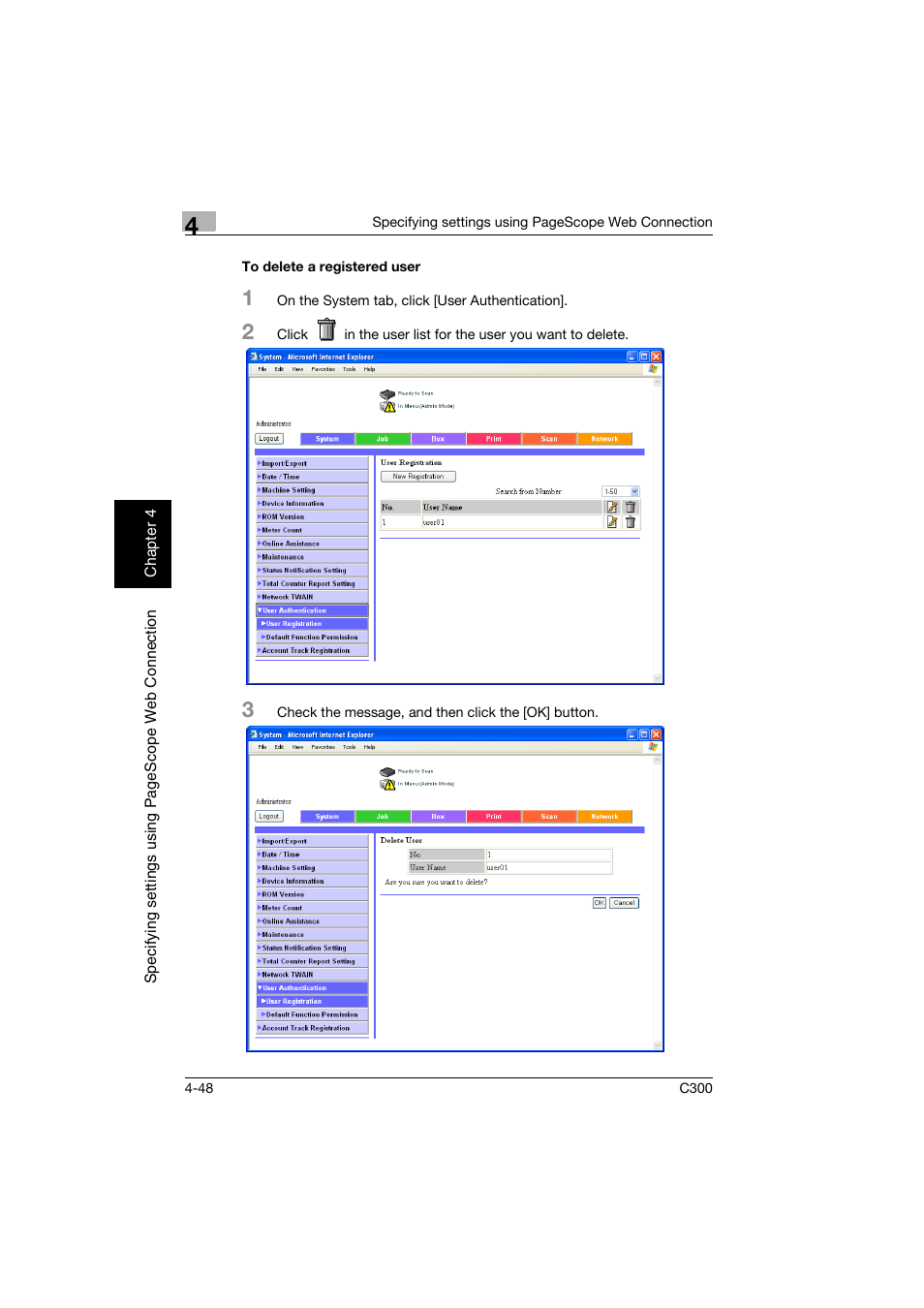 To delete a registered user, To delete a registered user -48 | Konica Minolta bizhub C300 User Manual | Page 305 / 392