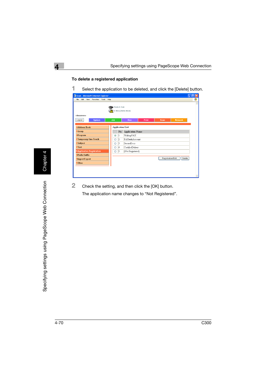 To delete a registered application, To delete a registered application -70 | Konica Minolta bizhub C300 User Manual | Page 327 / 392