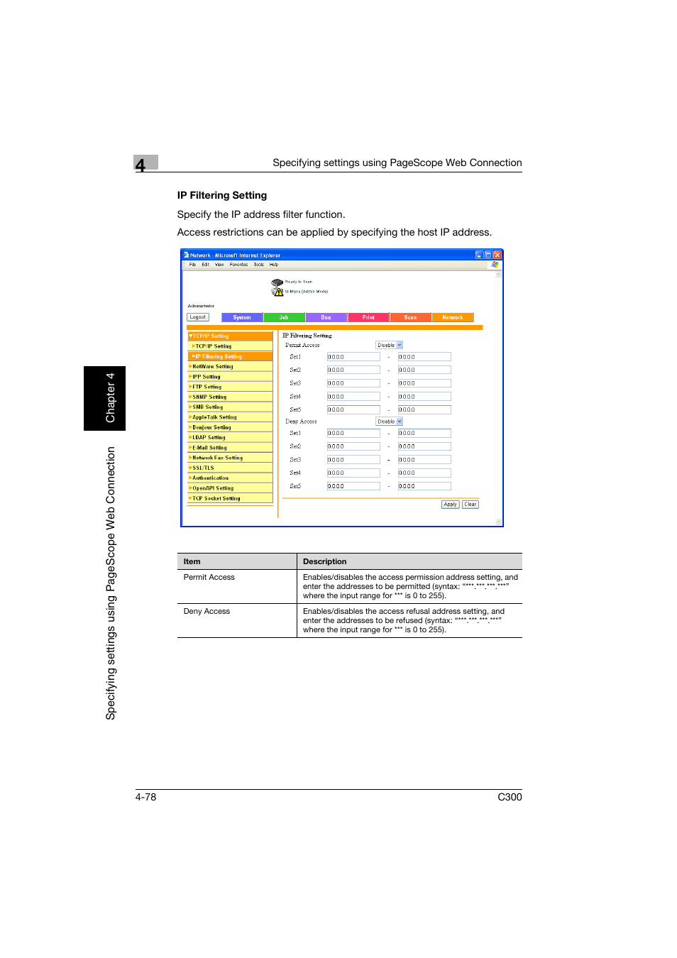 Ip filtering setting, Ip filtering setting -78 | Konica Minolta bizhub C300 User Manual | Page 335 / 392