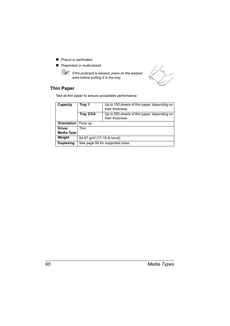 Thin paper, Thin paper 90, Media types 90 | Konica Minolta bizhub 40P User Manual | Page 100 / 236