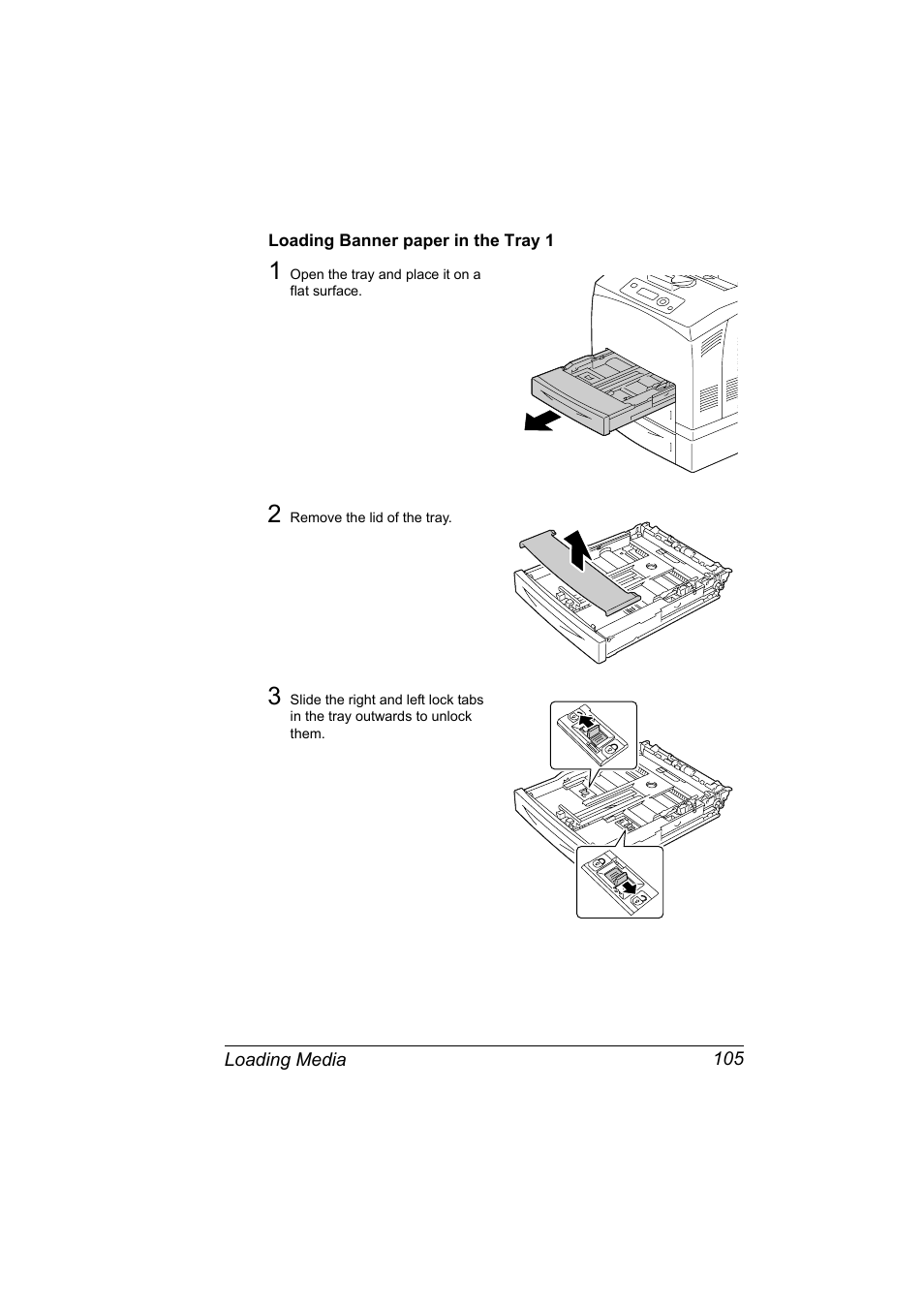 Loading banner paper in the tray 1, Loading banner paper in the tray 1 105 | Konica Minolta bizhub 40P User Manual | Page 115 / 236