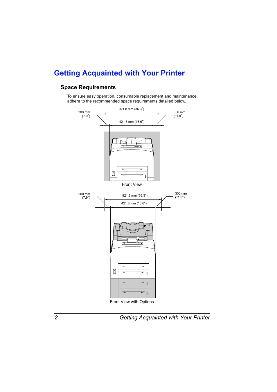 Getting acquainted with your printer, Space requirements, Getting acquainted with your printer 2 | Space requirements 2 | Konica Minolta bizhub 40P User Manual | Page 12 / 236