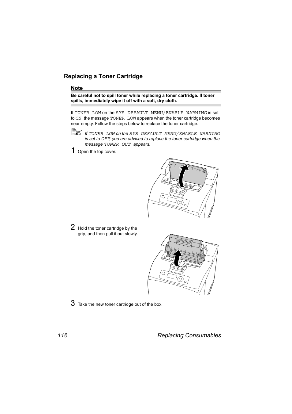 Replacing a toner cartridge, Replacing a toner cartridge 116 | Konica Minolta bizhub 40P User Manual | Page 126 / 236