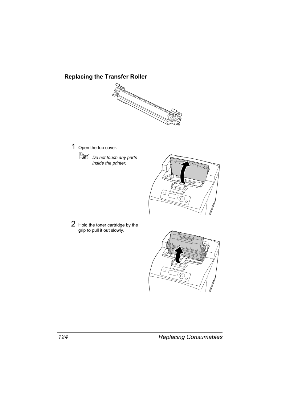 Replacing the transfer roller, Replacing the transfer roller 124 | Konica Minolta bizhub 40P User Manual | Page 134 / 236