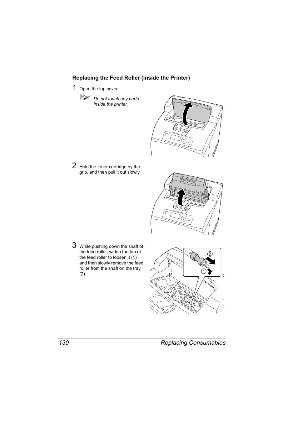 Replacing the feed roller (inside the printer), Replacing the feed roller (inside the printer) 130 | Konica Minolta bizhub 40P User Manual | Page 140 / 236