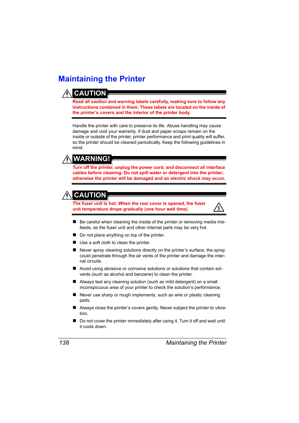 Maintaining the printer, Maintaining the printer 138, Caution | Warning | Konica Minolta bizhub 40P User Manual | Page 148 / 236