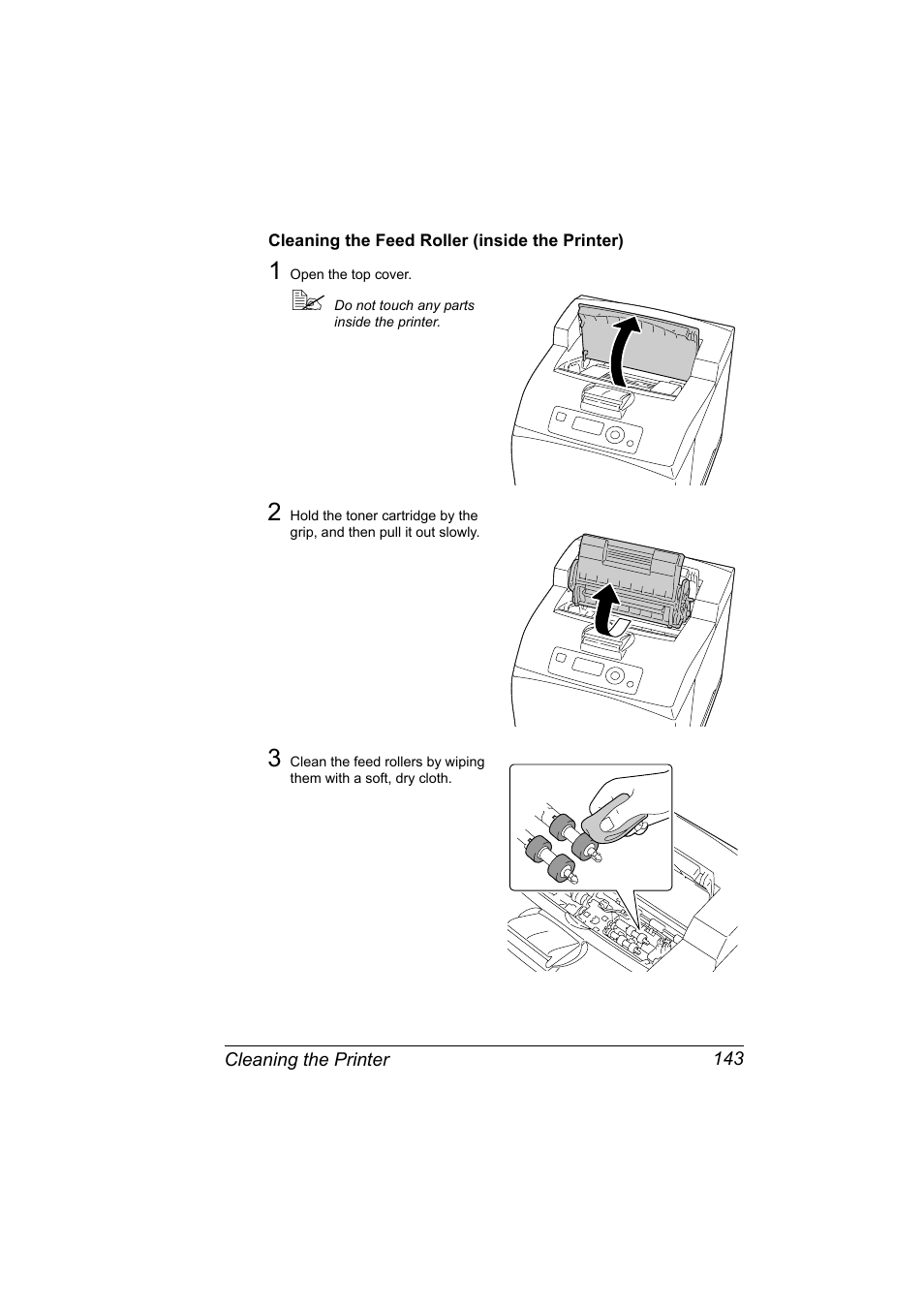 Cleaning the feed roller (inside the printer), Cleaning the feed roller (inside the printer) 143 | Konica Minolta bizhub 40P User Manual | Page 153 / 236
