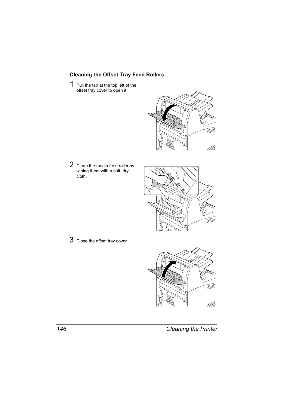 Cleaning the offset tray feed rollers, Cleaning the offset tray feed rollers 146 | Konica Minolta bizhub 40P User Manual | Page 156 / 236