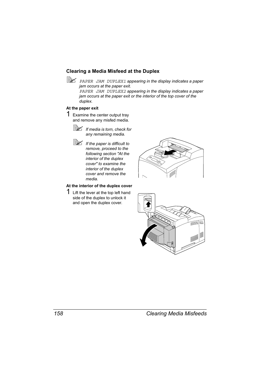 Clearing a media misfeed at the duplex, Clearing a media misfeed at the duplex 158 | Konica Minolta bizhub 40P User Manual | Page 168 / 236