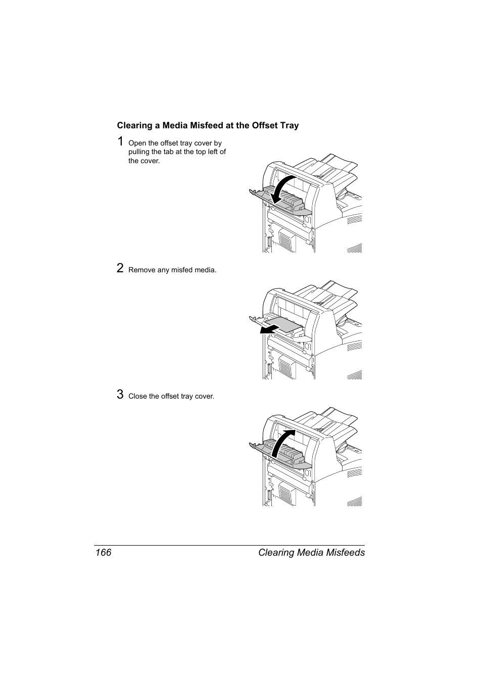 Clearing a media misfeed at the offset tray, Clearing a media misfeed at the offset tray 166 | Konica Minolta bizhub 40P User Manual | Page 176 / 236