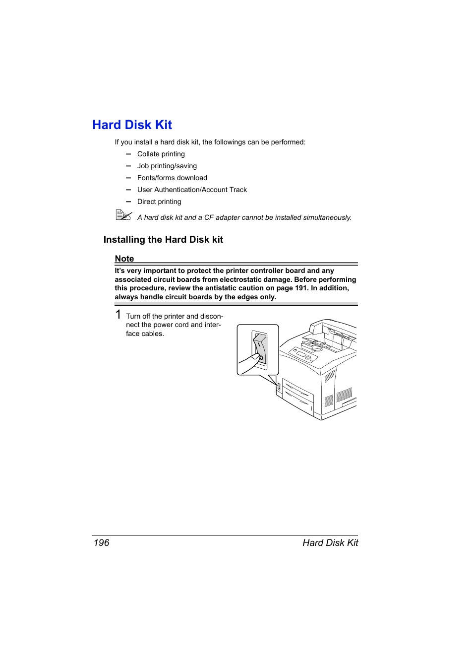 Hard disk kit, Installing the hard disk kit, Hard disk kit 196 | Installing the hard disk kit 196 | Konica Minolta bizhub 40P User Manual | Page 206 / 236