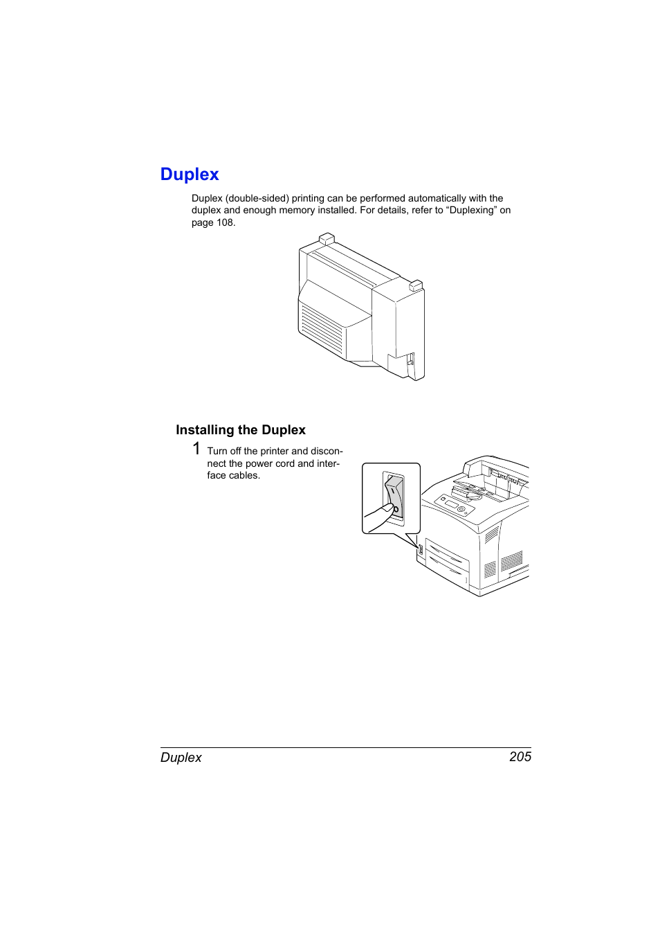 Duplex, Installing the duplex, Duplex 205 | Installing the duplex 205 | Konica Minolta bizhub 40P User Manual | Page 215 / 236