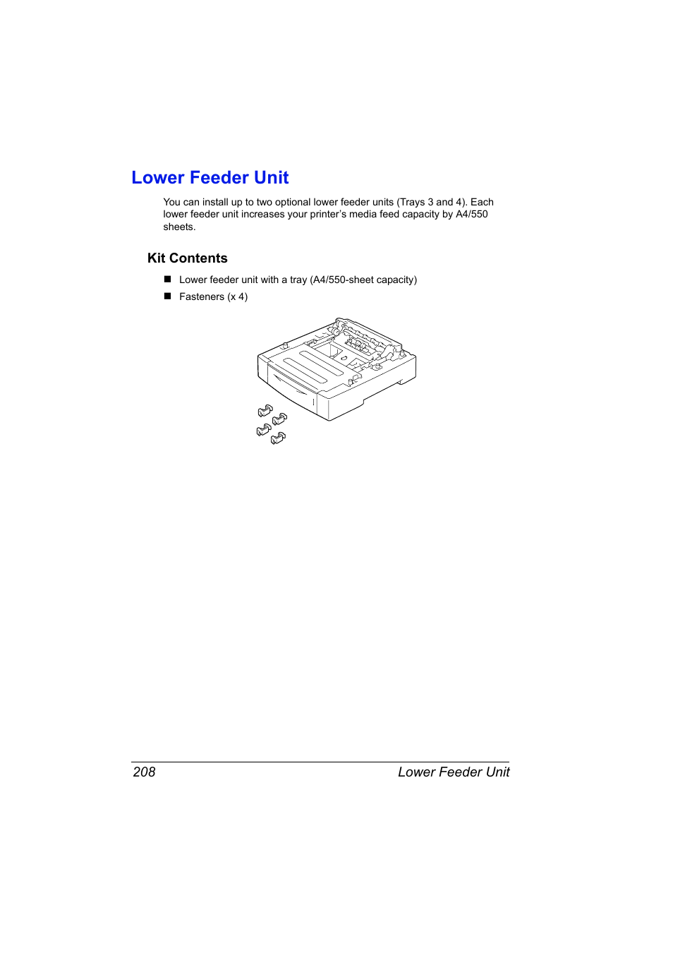 Lower feeder unit, Kit contents, Lower feeder unit 208 | Kit contents 208 | Konica Minolta bizhub 40P User Manual | Page 218 / 236