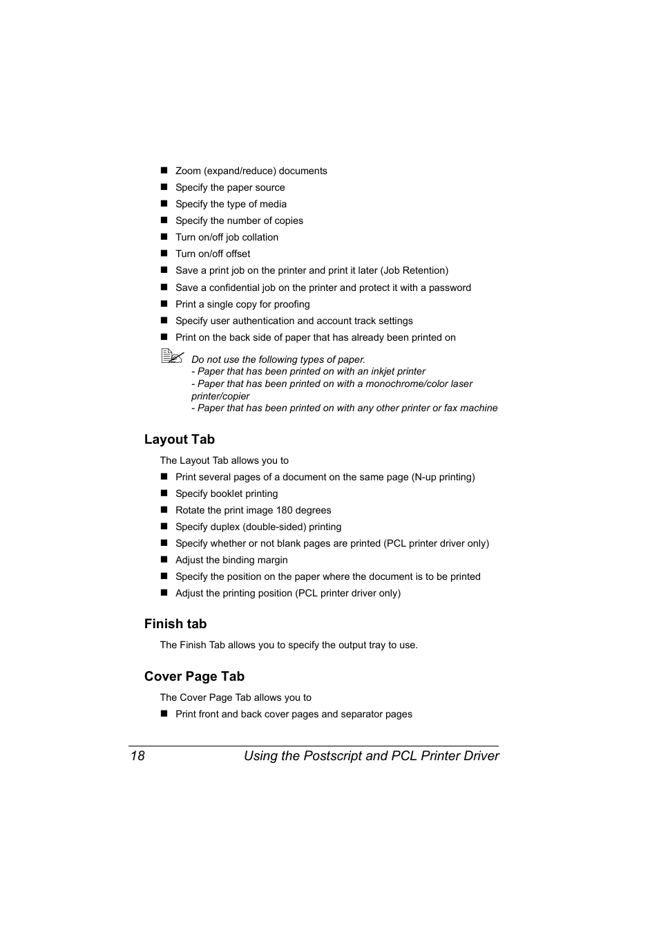 Layout tab, Finish tab, Using the postscript and pcl printer driver 18 | Cover page tab | Konica Minolta bizhub 40P User Manual | Page 28 / 236