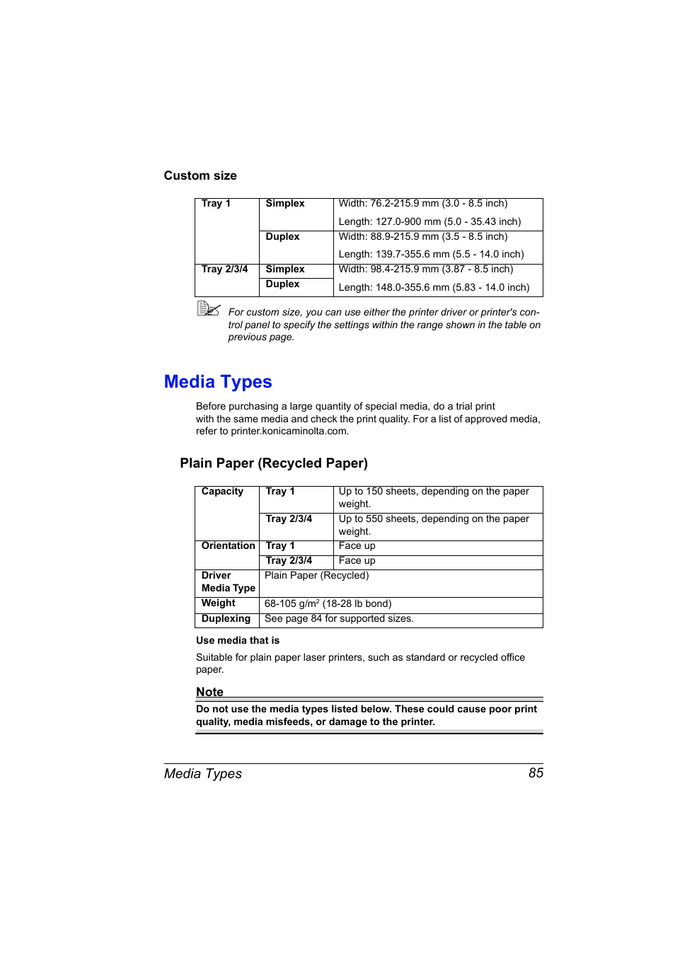 Media types, Plain paper (recycled paper), Media types 85 | Plain paper (recycled paper) 85 | Konica Minolta bizhub 40P User Manual | Page 95 / 236