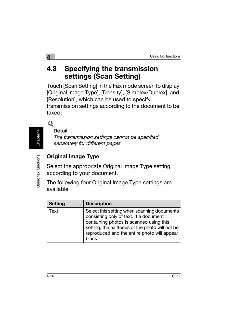 Original image type, 3 specifying the transmission settings, Scan setting) -16 | Original image type -16 | Konica Minolta bizhub C352 User Manual | Page 133 / 160