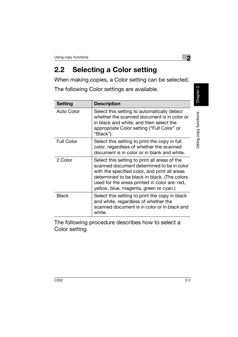 2 selecting a color setting, 2 selecting a color setting -5 | Konica Minolta bizhub C352 User Manual | Page 42 / 160