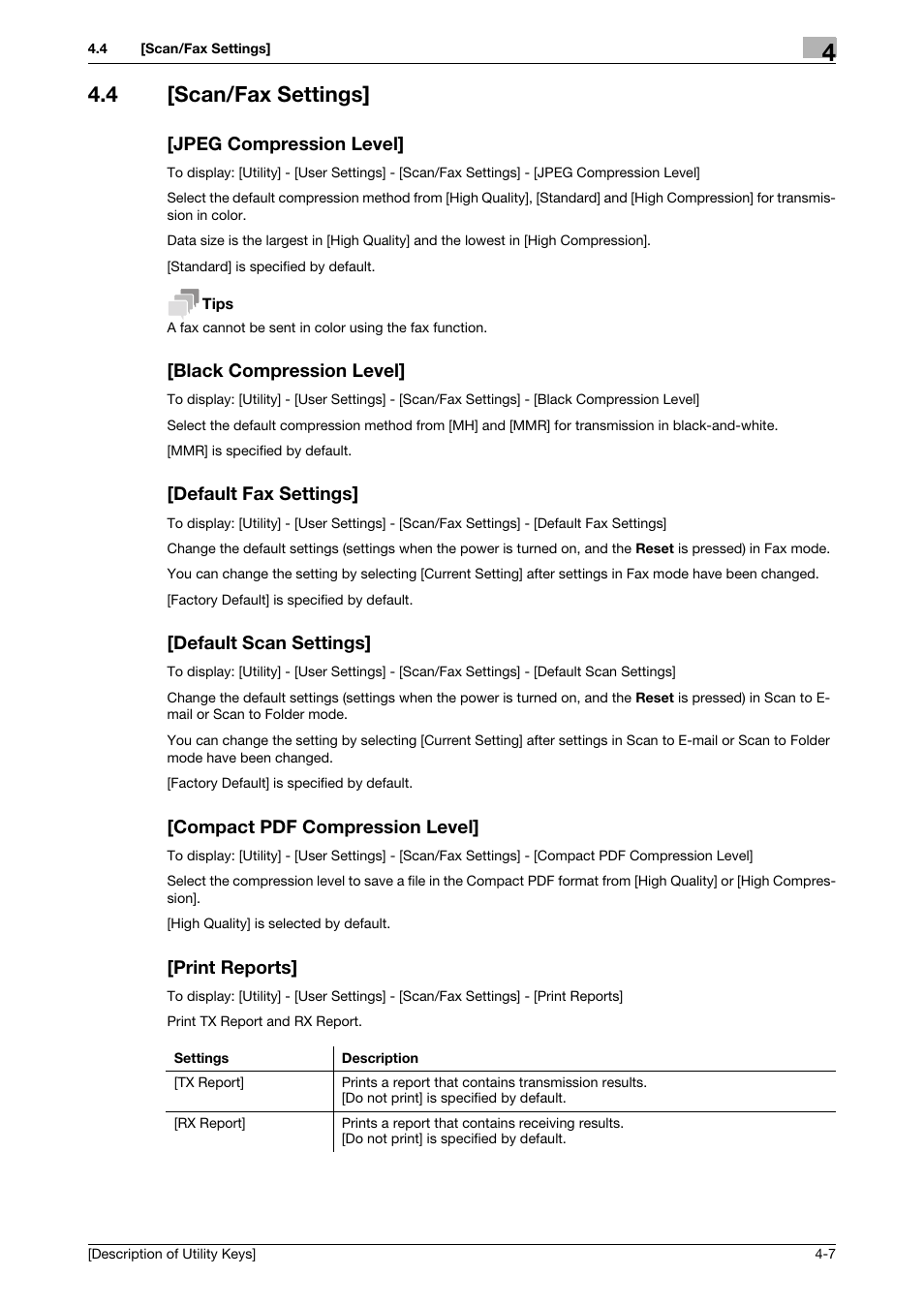 4 [scan/fax settings, Jpeg compression level, Black compression level | Default fax settings, Default scan settings, Compact pdf compression level, Print reports | Konica Minolta bizhub 4050 User Manual | Page 25 / 65