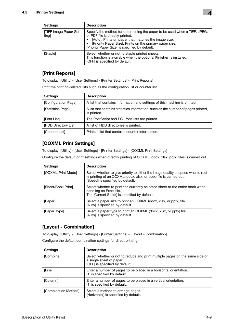 Print reports, Ooxml print settings, Layout - combination | Konica Minolta bizhub 4050 User Manual | Page 27 / 65