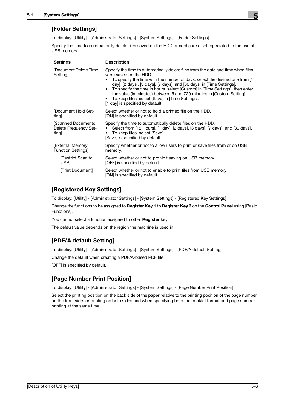 Folder settings, Registered key settings, Pdf/a default setting | Page number print position | Konica Minolta bizhub 4050 User Manual | Page 35 / 65