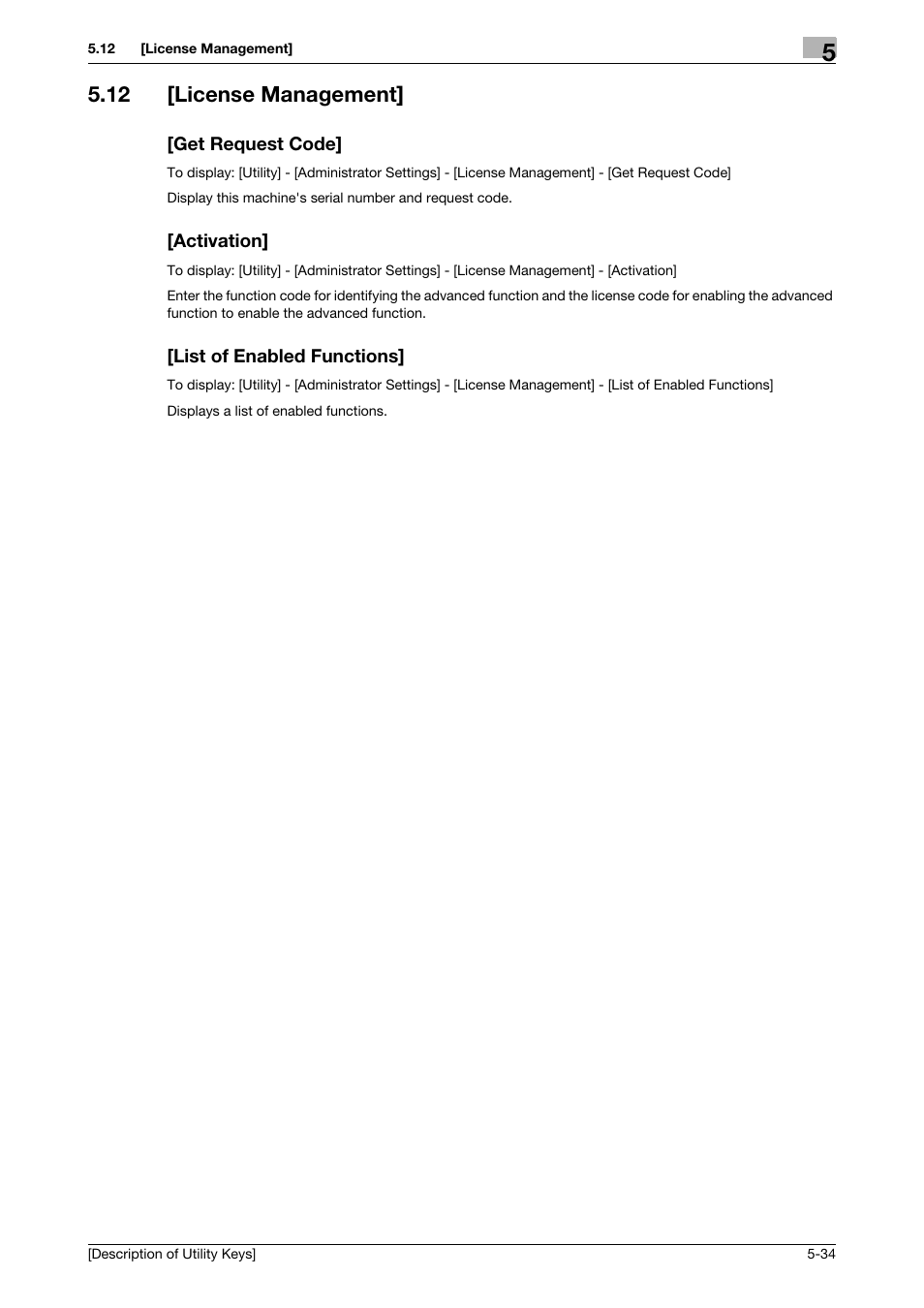 12 [license management, Get request code, Activation | List of enabled functions | Konica Minolta bizhub 4050 User Manual | Page 63 / 65