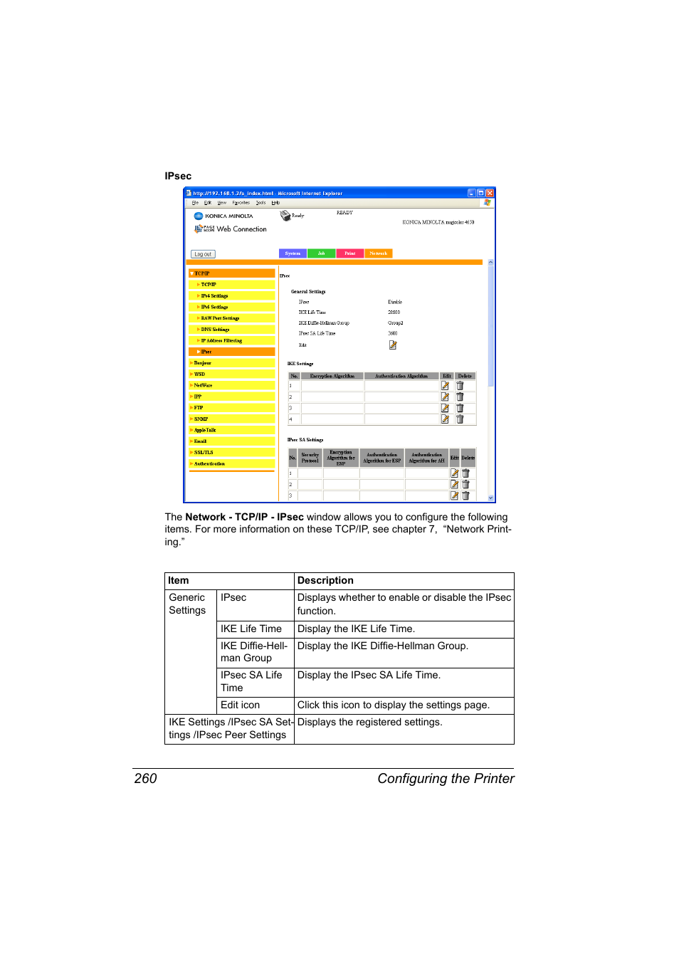 Configuring the printer 260 | Konica Minolta magicolor 4650 User Manual | Page 278 / 334