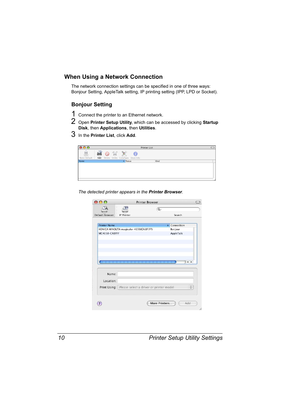 When using a network connection, Bonjour setting, When using a network connection 10 | Bonjour setting 10 | Konica Minolta magicolor 4650 User Manual | Page 28 / 334