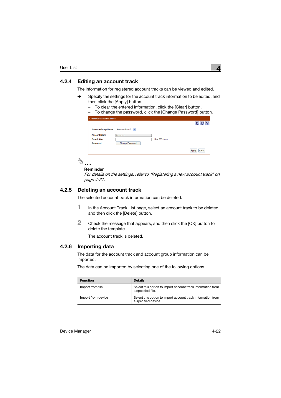 4 editing an account track, 5 deleting an account track, 6 importing data | Editing an account track -22, Deleting an account track -22, Importing data -22 | Konica Minolta PageScope Net Care Device Manager User Manual | Page 217 / 331