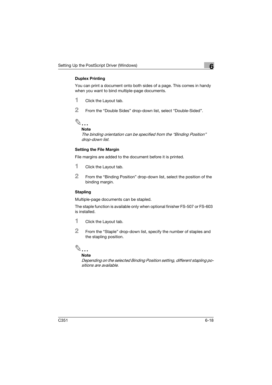 Duplex printing, Setting the file margin, Stapling | Konica Minolta BIZHUB C351 User Manual | Page 179 / 380