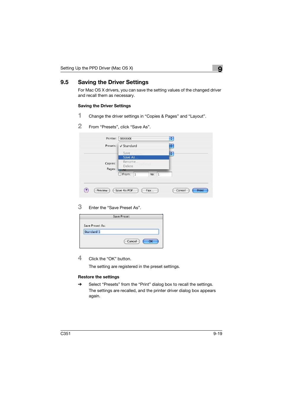5 saving the driver settings, Saving the driver settings, Restore the settings | Saving the driver settings -19 | Konica Minolta BIZHUB C351 User Manual | Page 232 / 380