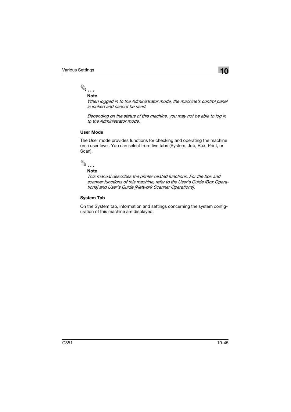 User mode, System tab, User mode -45 system tab -45 | Konica Minolta BIZHUB C351 User Manual | Page 278 / 380