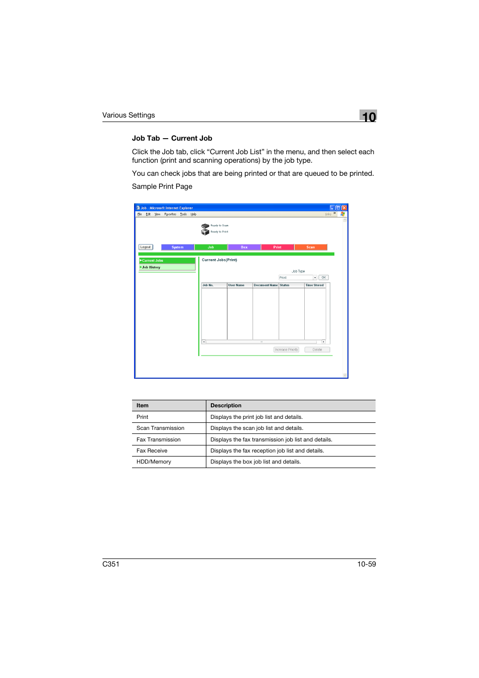 Job tab - current job, Job tab — current job -59 | Konica Minolta BIZHUB C351 User Manual | Page 292 / 380