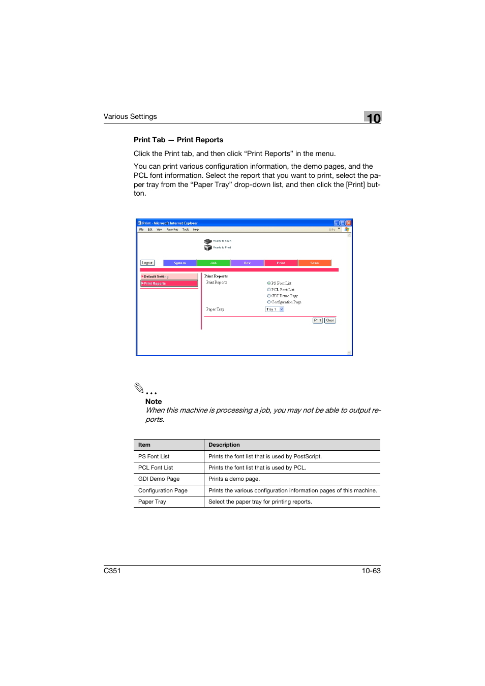Print tab - print reports, Print tab — print reports -63 | Konica Minolta BIZHUB C351 User Manual | Page 296 / 380