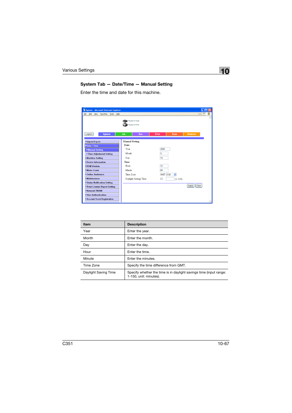 System tab - date/time - manual setting, System tab — date/time — manual setting -67 | Konica Minolta BIZHUB C351 User Manual | Page 300 / 380