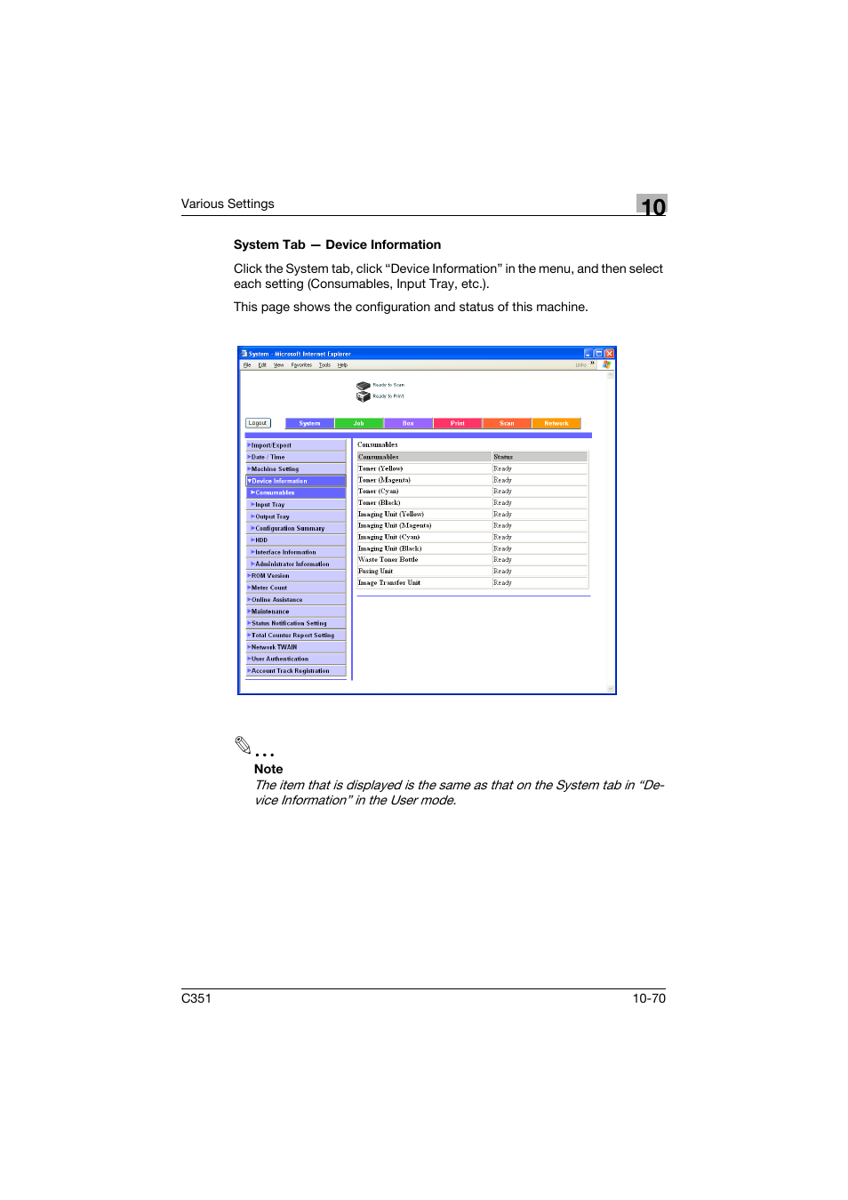 System tab - device information, System tab — device information -70 | Konica Minolta BIZHUB C351 User Manual | Page 303 / 380