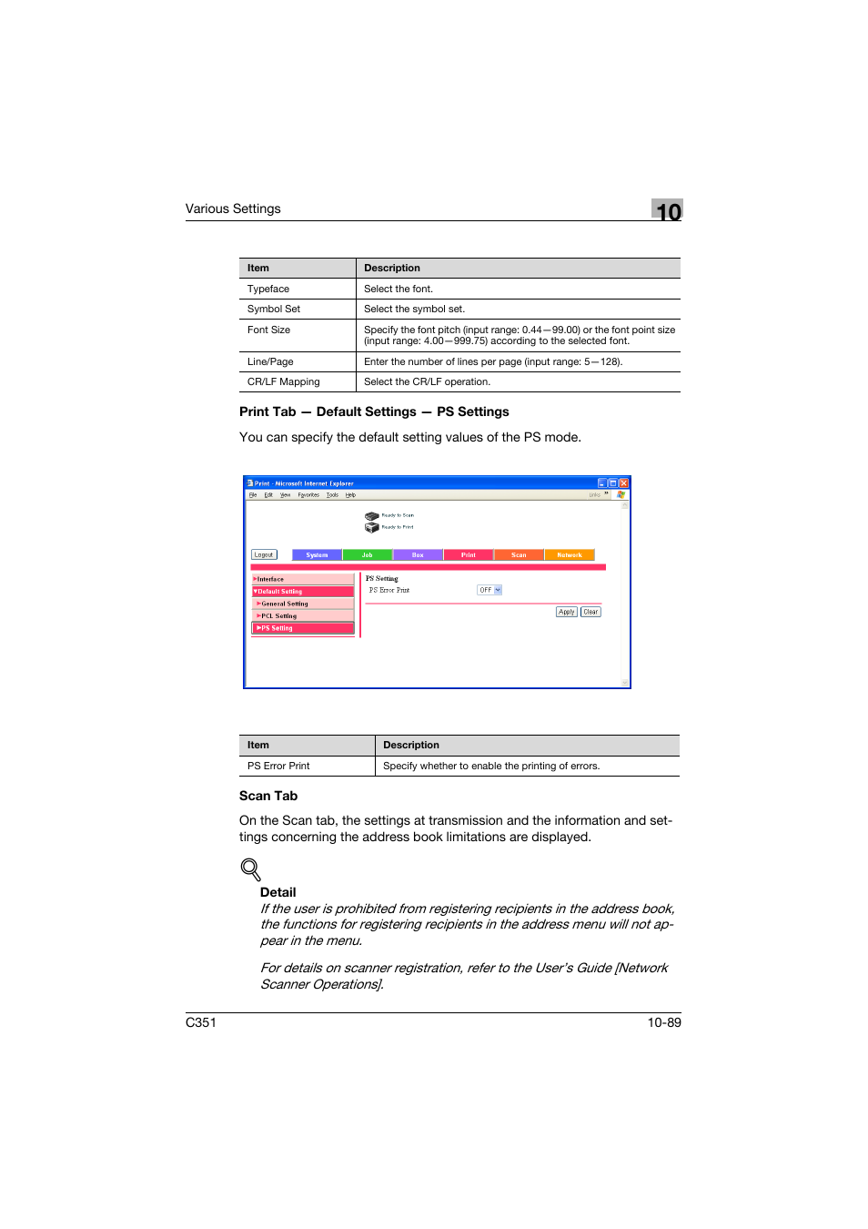 Print tab - default settings - ps settings, Scan tab | Konica Minolta BIZHUB C351 User Manual | Page 322 / 380