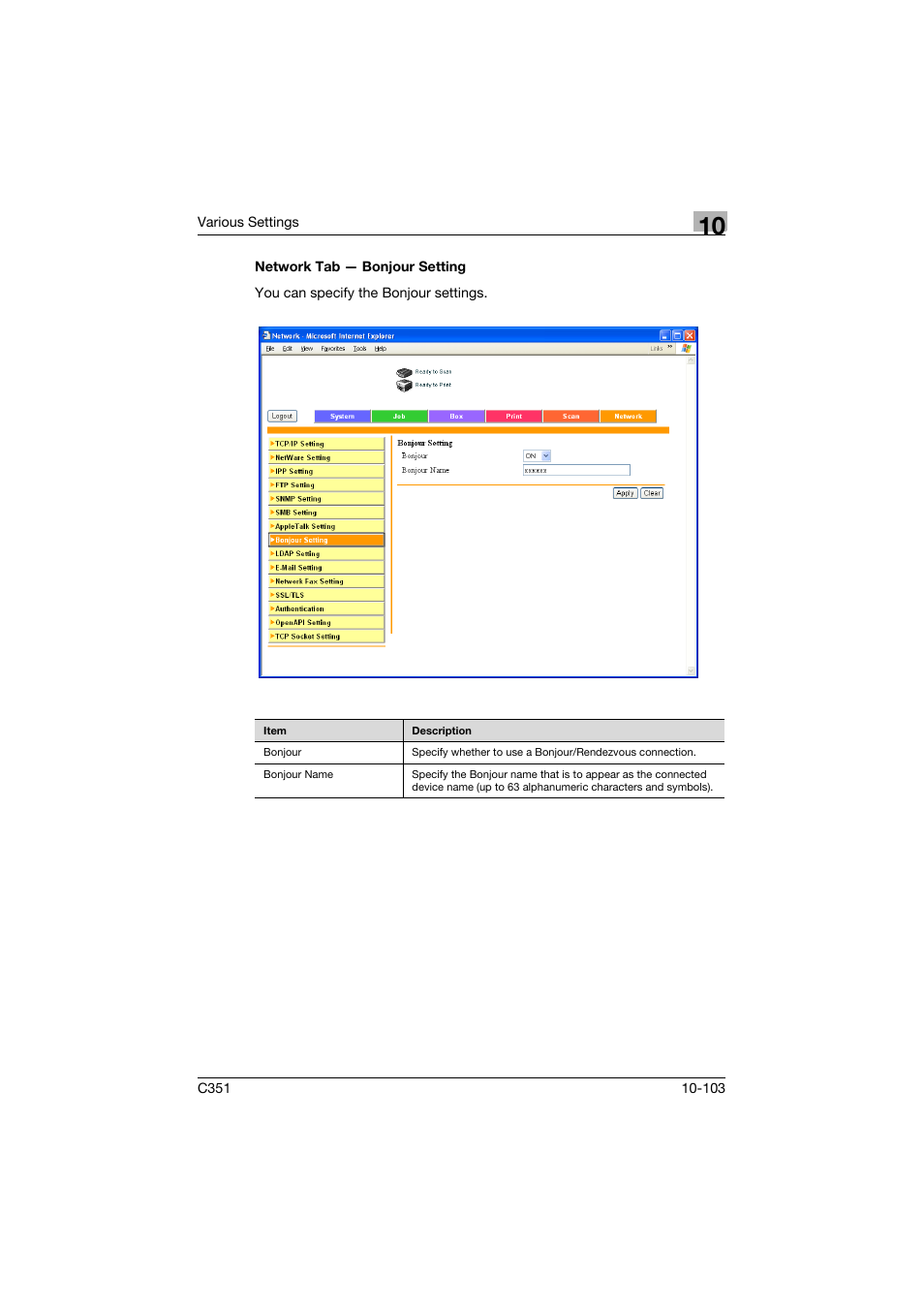 Network tab - bonjour setting, Network tab — bonjour setting -103 | Konica Minolta BIZHUB C351 User Manual | Page 336 / 380