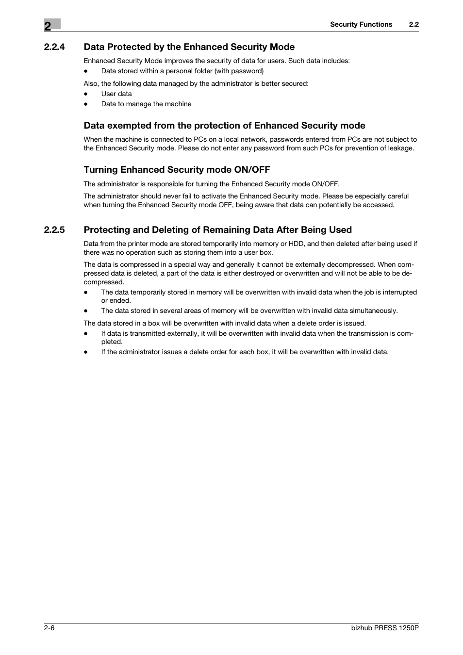 4 data protected by the enhanced security mode, Data protected by the enhanced security mode -6, Turning enhanced security mode on/off | Konica Minolta bizhub PRESS 1250P User Manual | Page 14 / 68