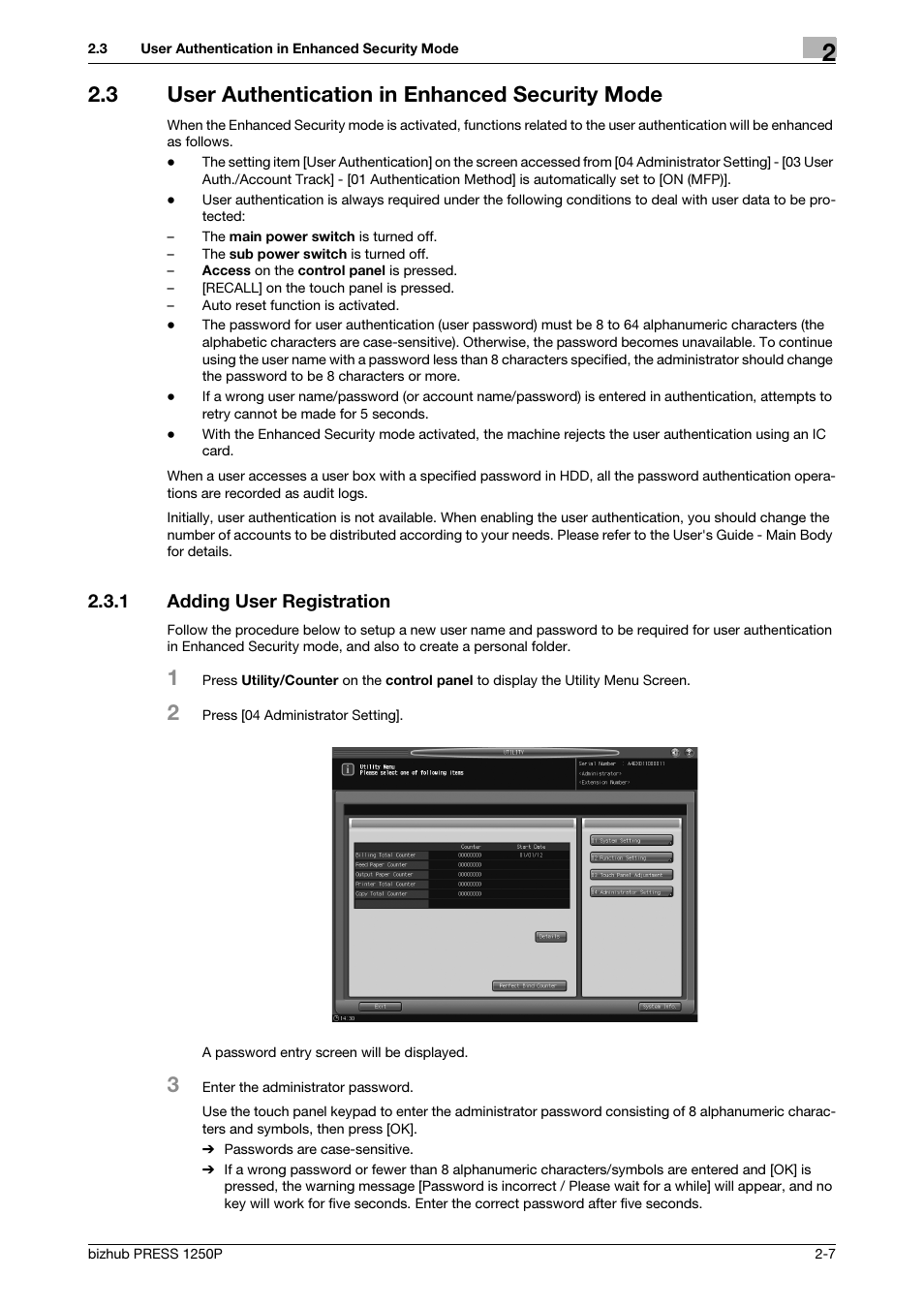 3 user authentication in enhanced security mode, 1 adding user registration, User authentication in enhanced security mode -7 | Adding user registration -7 | Konica Minolta bizhub PRESS 1250P User Manual | Page 15 / 68