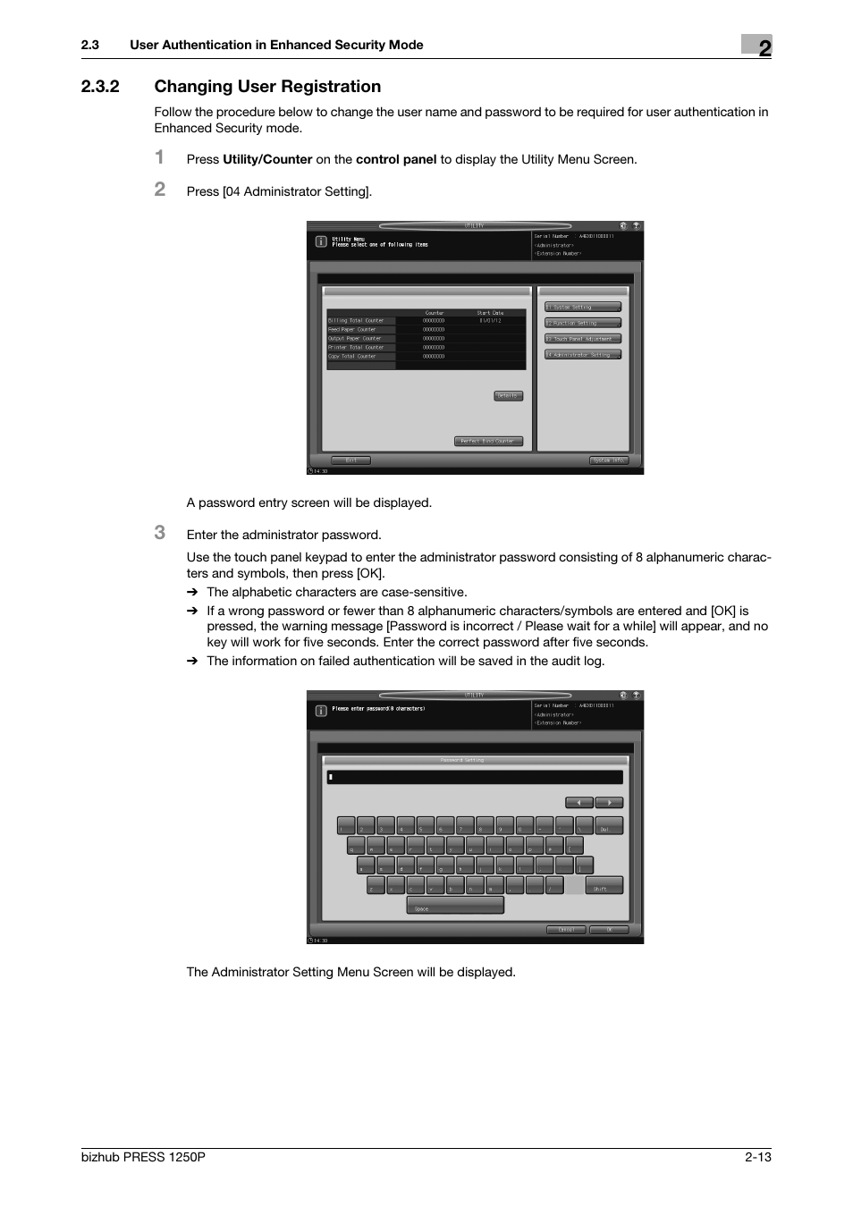 2 changing user registration, Changing user registration -13 | Konica Minolta bizhub PRESS 1250P User Manual | Page 21 / 68