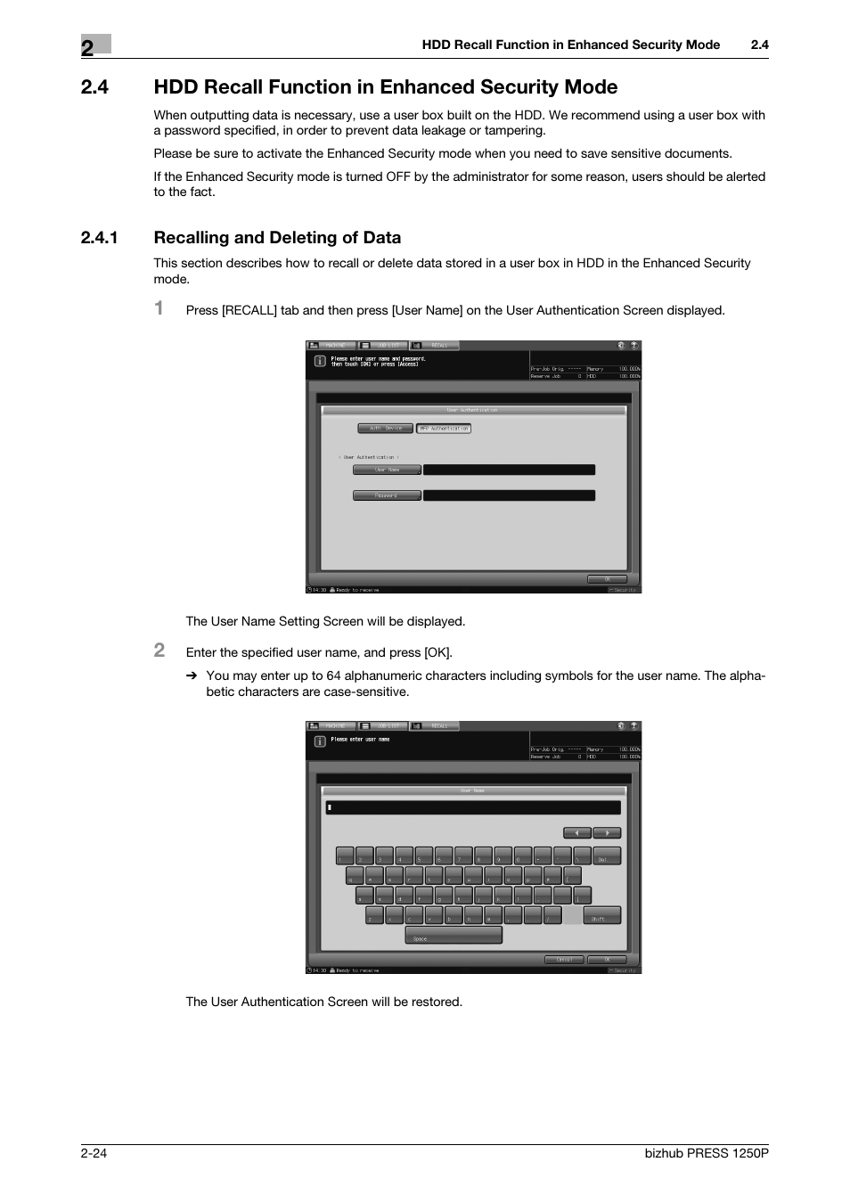 4 hdd recall function in enhanced security mode, 1 recalling and deleting of data, Hdd recall function in enhanced security mode -24 | Recalling and deleting of data -24 | Konica Minolta bizhub PRESS 1250P User Manual | Page 32 / 68