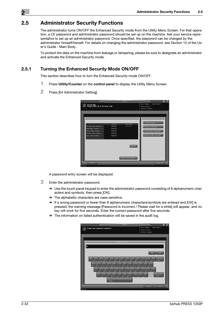 5 administrator security functions, 1 turning the enhanced security mode on/off, Administrator security functions -32 | Turning the enhanced security mode on/off -32 | Konica Minolta bizhub PRESS 1250P User Manual | Page 40 / 68