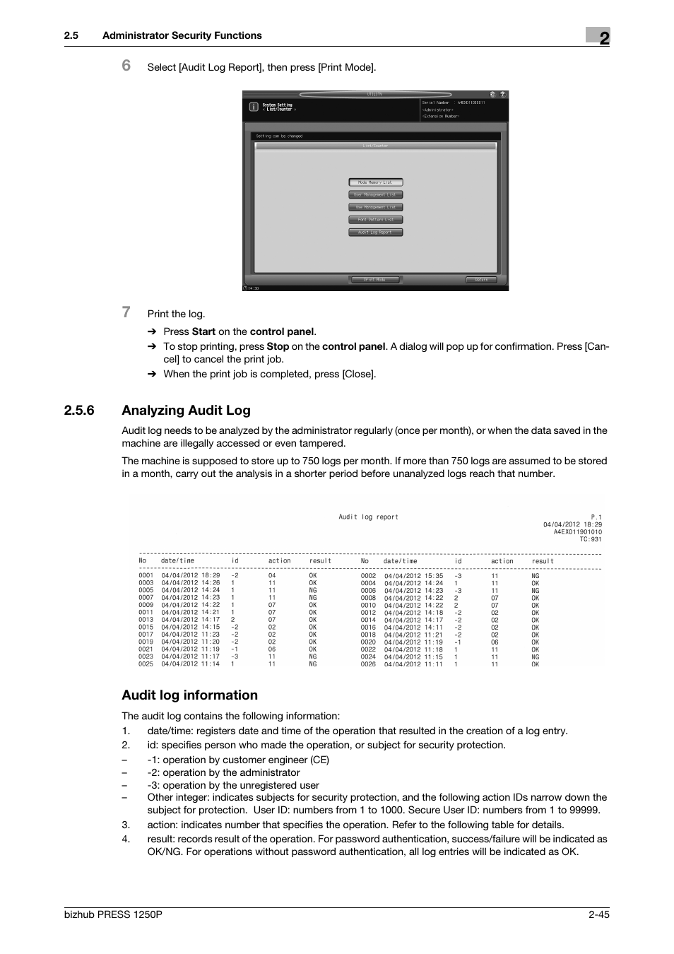 6 analyzing audit log, Analyzing audit log -45, Audit log information | Konica Minolta bizhub PRESS 1250P User Manual | Page 53 / 68