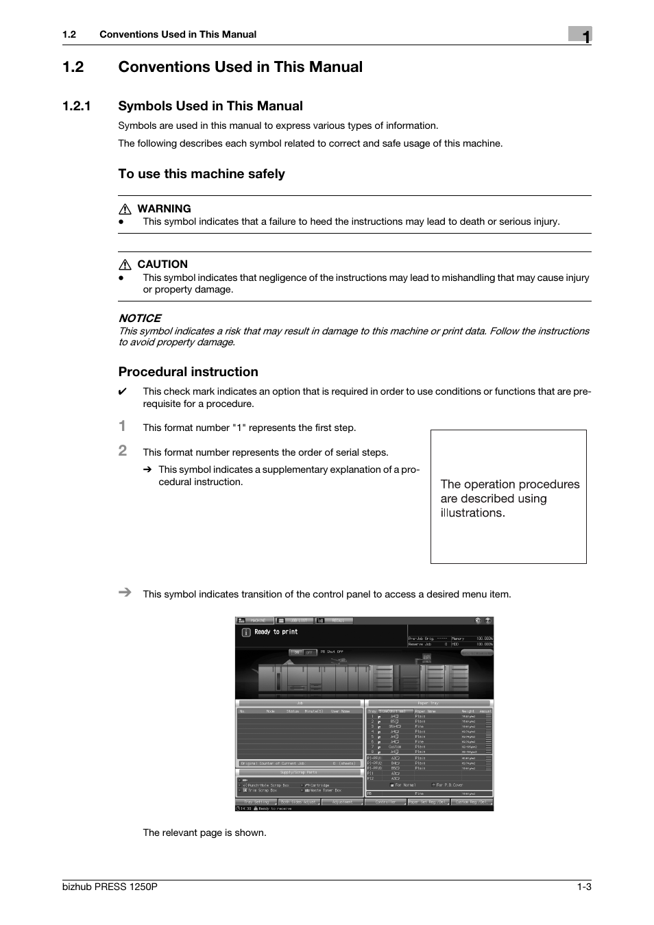 2 conventions used in this manual, 1 symbols used in this manual, Conventions used in this manual -3 | Symbols used in this manual -3 | Konica Minolta bizhub PRESS 1250P User Manual | Page 7 / 68