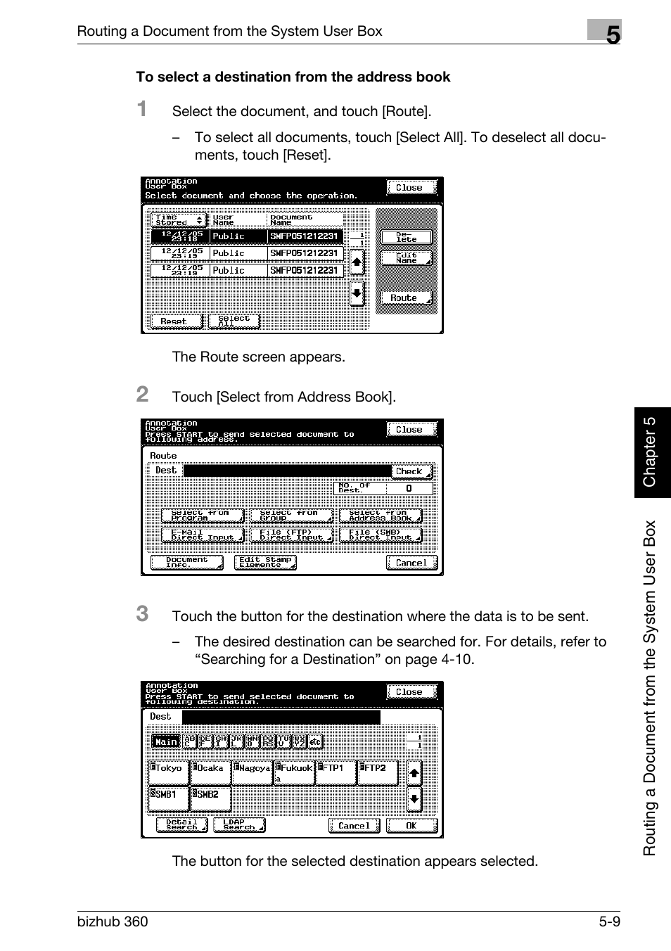 To select a destination from the address book -9, P. 5-9 | Konica Minolta bizhub 360 User Manual | Page 134 / 218